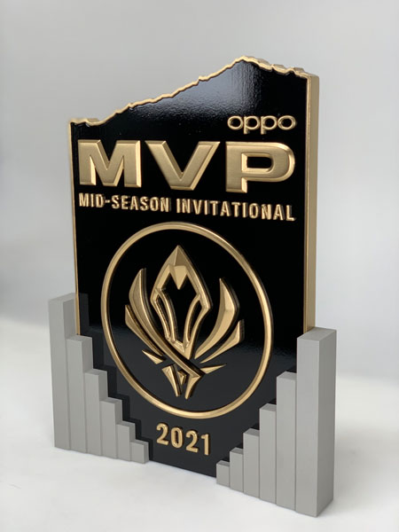 High-quality fabricated brand display piece created with large-scale 3D printing for commercial and event marketing.