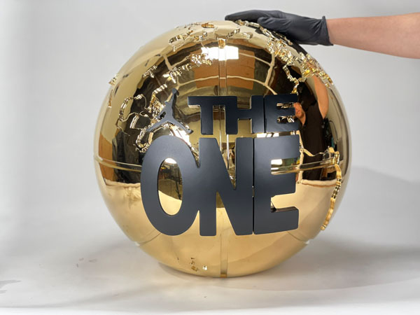 High-quality fabricated brand display piece created with large-scale 3D printing for commercial and event marketing.