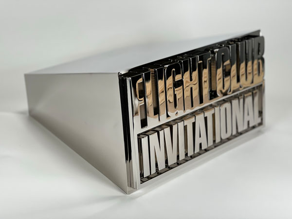 High-quality fabricated brand display piece created with large-scale 3D printing for commercial and event marketing.