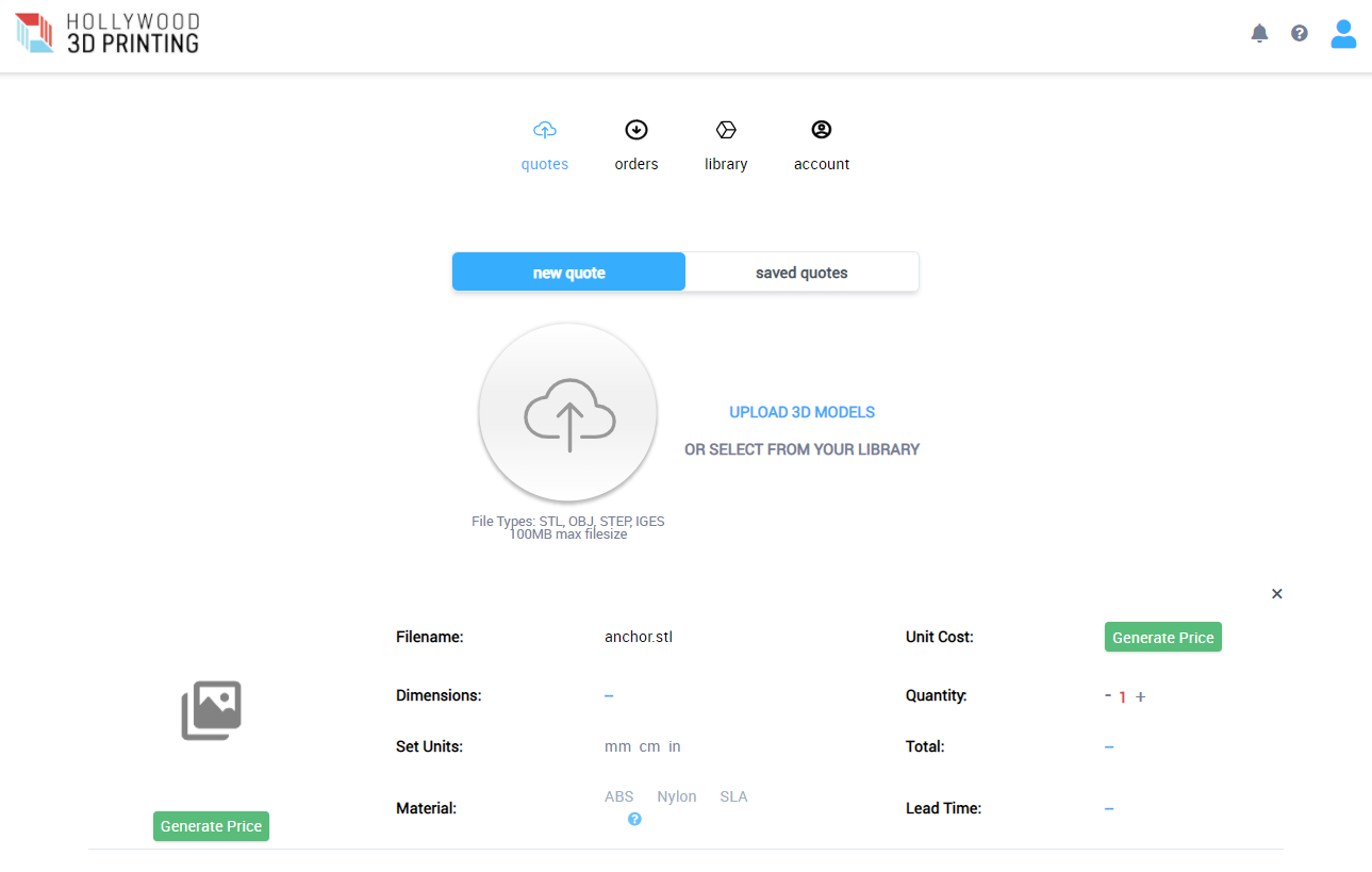 when you sign into your user account, you can get an instant online 3d printing quote by uploading your 3d model files