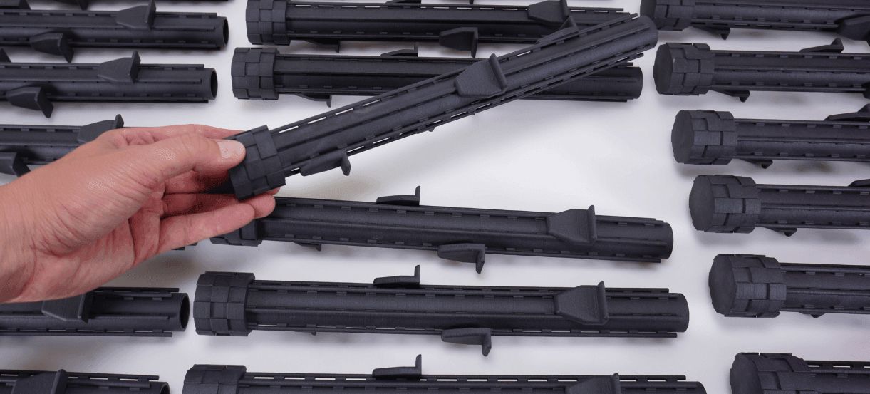 picture of a black SLS Nylon 12PA 3d printed prototype made in los angeles