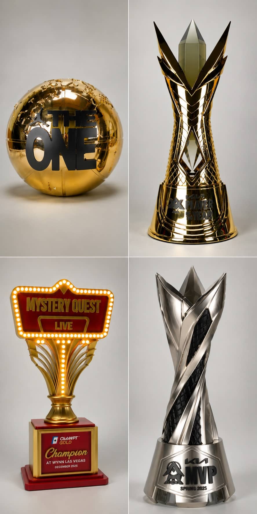 Custom trophy design and fabrication in Los Angeles. Gold plated, chrome plated, and custom-painted trophies for corporate events, award shows, entertainment industry, and brand campaigns. No minimum quantity. Rush production available.